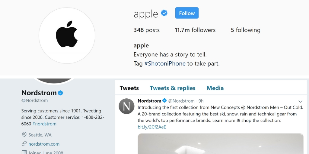 Optimize your social media profile step 4 -- apple and nordstrom profile examples